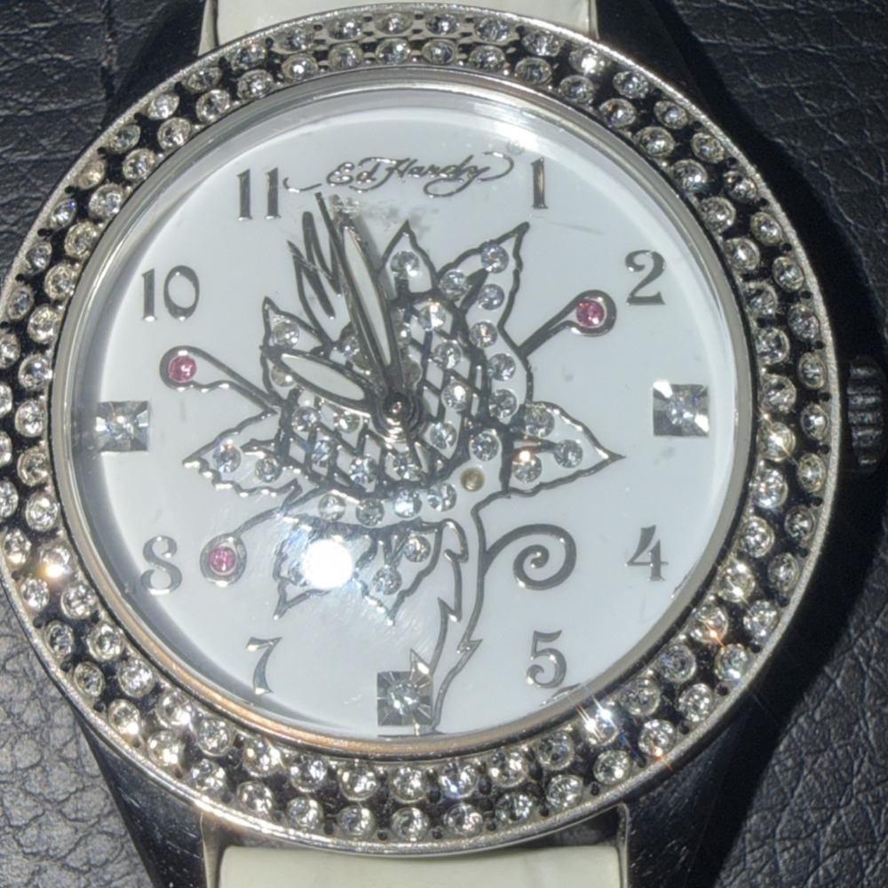 Ed Hardy Women's Gem-Set Quartz White Leather Band Stainless Steel Wristwatch